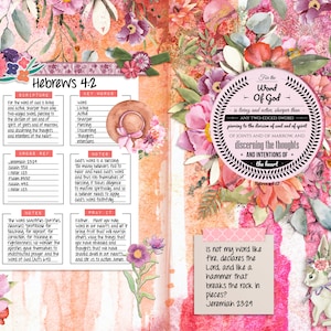 May include: A pink and white floral background with a printable Bible study page featuring the scripture Hebrews 4:2. The page includes key words, cross references, notes, and a prayer section. The text "For the Word of God is living and active, sharper than any two-edged sword, piercing to the division of soul and of spirit, of joints and of marrow, and discerning the thoughts and intentions of the heart." is featured in a circle with a floral wreath. The text "is not my word like fire, declares the Lord, and like a hammer that breaks the rock in pieces? Jeremiah 23:29" is featured in a white rectangle with a pink border.