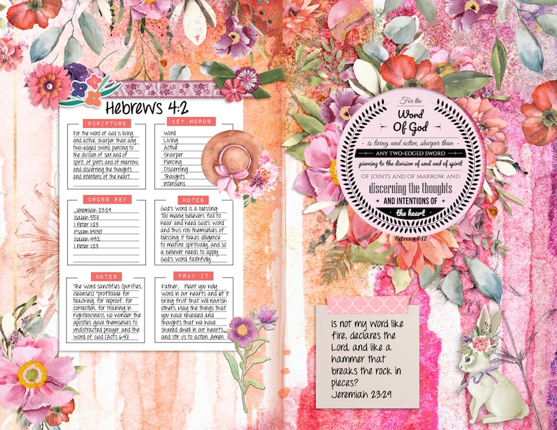 May include: A pink and white floral background with a printable Bible study page featuring the scripture Hebrews 4:2. The page includes key words, cross references, notes, and a prayer section. The text "For the Word of God is living and active, sharper than any two-edged sword, piercing to the division of soul and of spirit, of joints and of marrow, and discerning the thoughts and intentions of the heart." is featured in a circle with a floral wreath. The text "is not my word like fire, declares the Lord, and like a hammer that breaks the rock in pieces? Jeremiah 23:29" is featured in a white rectangle with a pink border.