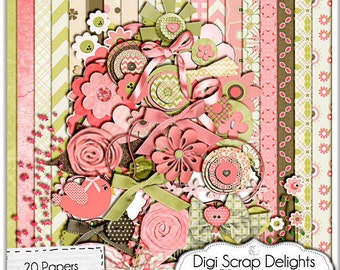 Hannah Mega Digital Scrapbook Kit (Coral Pink, Green, Brown), Instant Download