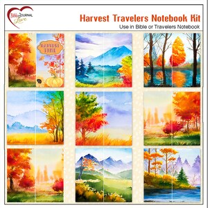 May include: A set of nine watercolor illustrations featuring autumnal landscapes. The illustrations include trees, mountains, rivers, and fields. The illustrations are perfect for use in a Bible or traveler's notebook.