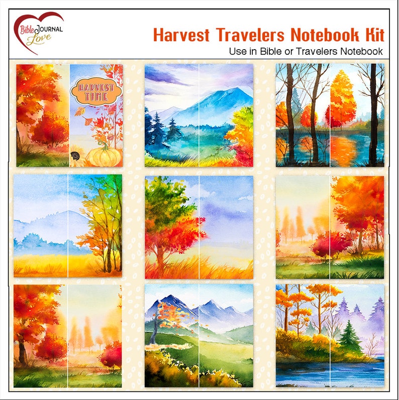 May include: A set of nine watercolor illustrations featuring autumnal landscapes. The illustrations include trees, mountains, rivers, and fields. The illustrations are perfect for use in a Bible or traveler's notebook.