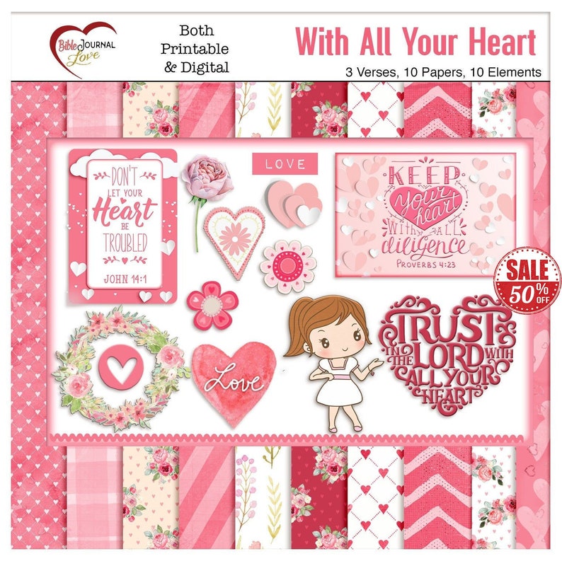 Valentine Heart Bible Journal Mini Kit: 3 Bible Verses 10 Papers and 10 Elements Both Printable & Digital image 5