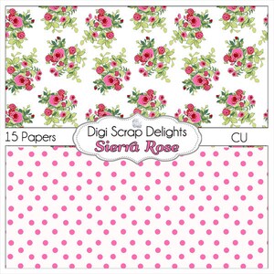 SALE 1.75 Shabby Chic Vintage Sierra Rose Digital Papers Cath Kidson style w Quatrefoil, Chevron, Damask, Mint Green, Lilac, Pink image 4