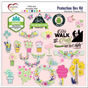 Puede incluir: Un conjunto de pegatinas digitales con dise&ntilde;os florales, &aacute;rboles y citas inspiradoras. Las pegatinas son de varios colores, incluyendo rosa, verde, amarillo y azul. Las citas incluyen "Crecer en la fe", "Seguir el camino de Dios", "Fe sobre el miedo", y "Caminamos por fe, no por vista".