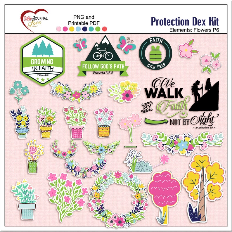 Puede incluir: Un conjunto de pegatinas digitales con dise&ntilde;os florales, &aacute;rboles y citas inspiradoras. Las pegatinas son de varios colores, incluyendo rosa, verde, amarillo y azul. Las citas incluyen "Crecer en la fe", "Seguir el camino de Dios", "Fe sobre el miedo", y "Caminamos por fe, no por vista".
