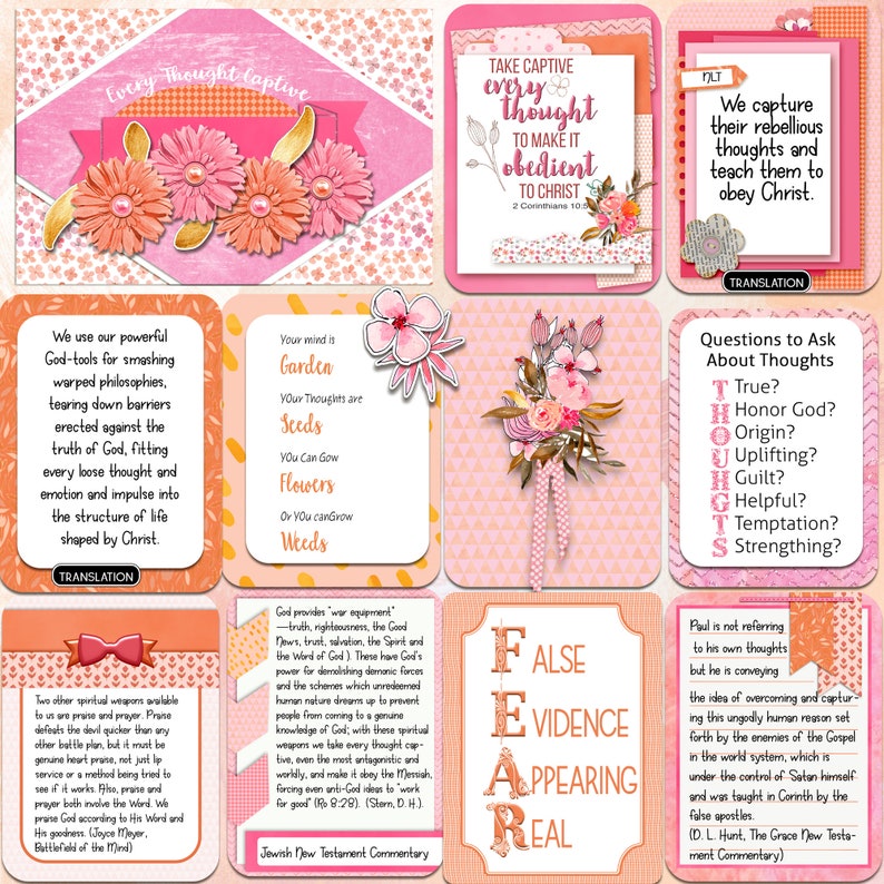 May include: A collage of pink and orange floral designs with inspirational quotes about thoughts and capturing every thought to make it obedient to Christ. The text includes "Take captive every thought to make it obedient to Christ" and "We capture their rebellious thoughts and teach them to obey Christ."