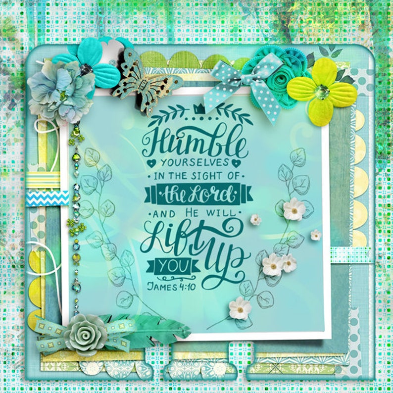 Digital Scrapbooking: Enchanted Digital Scrapbook Kit in Turquoise, Golds and Green, Instant Download image 2