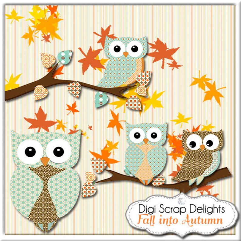 Fall into Autumn Owls Scrapbook Kit Owl Pumpkin Patch Digital Clip Art for Scrapbooking Fall Colors, Fall Festival, Instant Download image 3