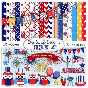 July 4 Clip Art Digital Scrapbook Kit in Red, White & Blue Owls, America, Flag, Patriotic, 4th of July, BBQ, Sparklers, Instant Download image 1