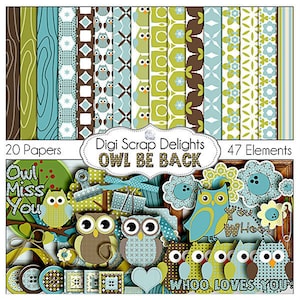 SALE Owl Digital Scrapbooking Kit Blue, Green, Brown Owl Clip Art & Owls Woodland for Birthday Invites, Instant Download image 1
