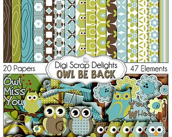 SALE Owl Digital Scrapbooking Kit - Blue, Green, Brown Owl Clip Art & Owls Woodland for Birthday  Invites, Instant Download