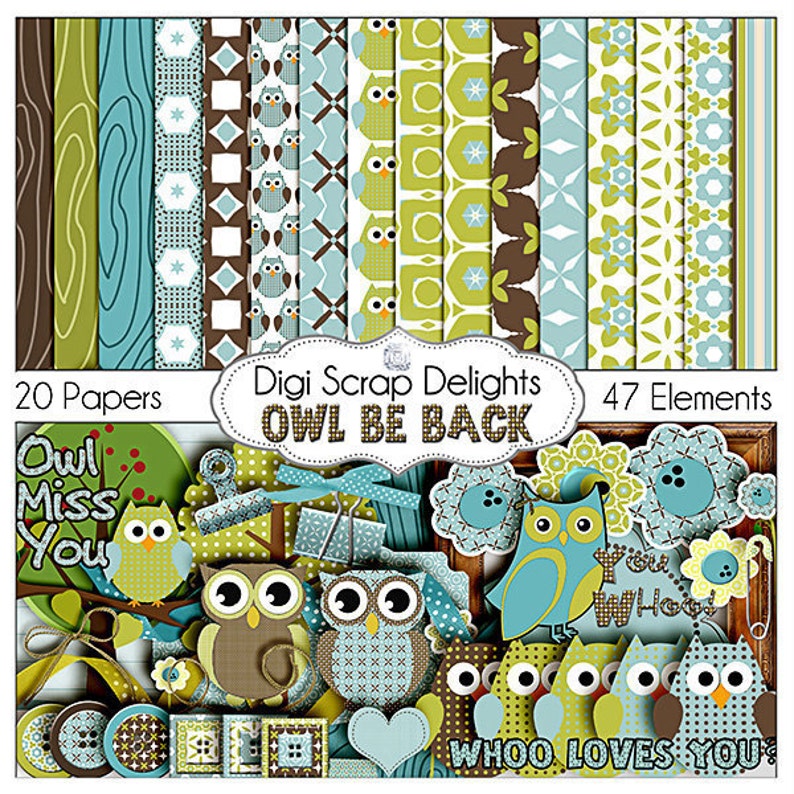 SALE Owl Digital Scrapbooking Kit Blue, Green, Brown Owl Clip Art & Owls Woodland for Birthday Invites, Instant Download image 1