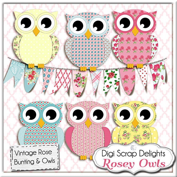 Owl Clip Art, Vintage Rose Owls/ Bunting  Cath Kidston, Shabby Chic Style for Digital Scrapbooking, Birthday Invite, Instant Download