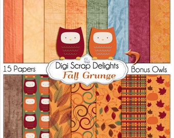 Fall Grunge Digital Papers with Autumn Owl & Pumpkins for Card Making, Digital Scrapbooking, Crafts, Web Design, Instand Download