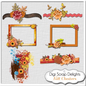 Puede incluir: Papel digital para scrapbooking con temas de otoño. El papel presenta colores naranja, amarillo y marrón con imágenes de hojas, calabazas y flores. El texto "Digi Scrap Delights Fall Clusters" está incluido en el papel.