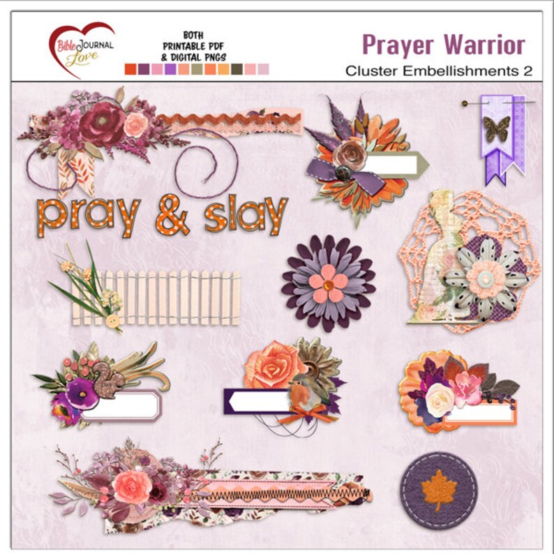 May include: Digital scrapbooking embellishments with an autumn theme. The embellishments include a picket fence, flowers, a bird, a banner, and a wreath. The text "pray & slay" is included in the image.