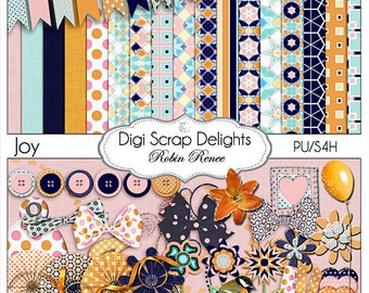 SALE 3.00 Scrapbook Kit! Digital Scrapbooking:  Joy Scrapbook Kit (Navy, Pink, Orange, Turquoise Blue), Instant Download