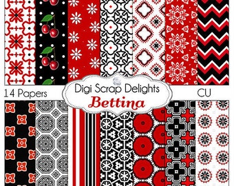 SALE 1.75 Red & Black Scrapbook Paper: Bettina  for Card Making,  Digital Scrapbooking, Web Design, Crafts, Phones, Backgrounds