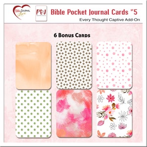 May include: Six bonus cards for a Bible Pocket Journal. The cards feature different patterns and designs, including a peach watercolor, a brown diamond pattern, a white background with pink polka dots, a white background with green polka dots, a pink watercolor with white accents, and a white background with pink flowers and black leaves.