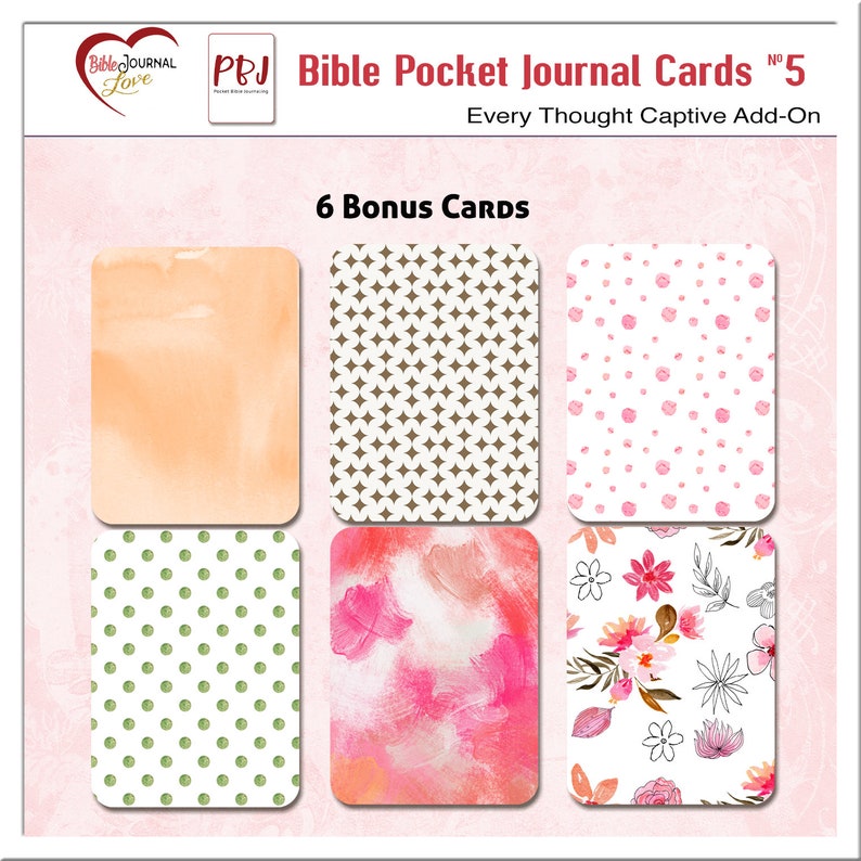 May include: Six bonus cards for a Bible Pocket Journal. The cards feature different patterns and designs, including a peach watercolor, a brown diamond pattern, a white background with pink polka dots, a white background with green polka dots, a pink watercolor with white accents, and a white background with pink flowers and black leaves.