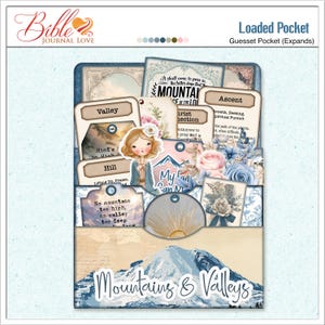 May include: A loaded pocket with a mountain and valley theme. The design includes various tags with text like "Valley," "Hill," and "Ascent." The color palette features blues, pinks, and beige, with floral and mountain illustrations. The text "Mountains & Valleys" is at the bottom.
