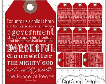 Red Christmas Gift Tags Bible Verse - Isaiah 9:6 - Printable  - Jesus is the Reason - Christian Scripture Tags