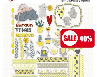 ¡Venta! Chica cargada AMBOS: Kit de diario bíblico digital e imprimible que incluye 1 PDF y más de 50 pngs Cinta washi amarilla y gris