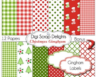 SALE 1.75 Christmas Gingham Digital Papers Red, Green Polka Dot, Quatrefoil,  Card Making, Teacher Art,  BONUS Labels Digital Scrapbooking