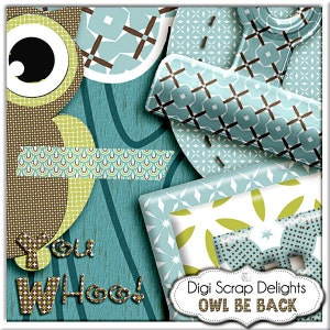 SALE Owl Digital Scrapbooking Kit Blue, Green, Brown Owl Clip Art & Owls Woodland for Birthday Invites, Instant Download image 3