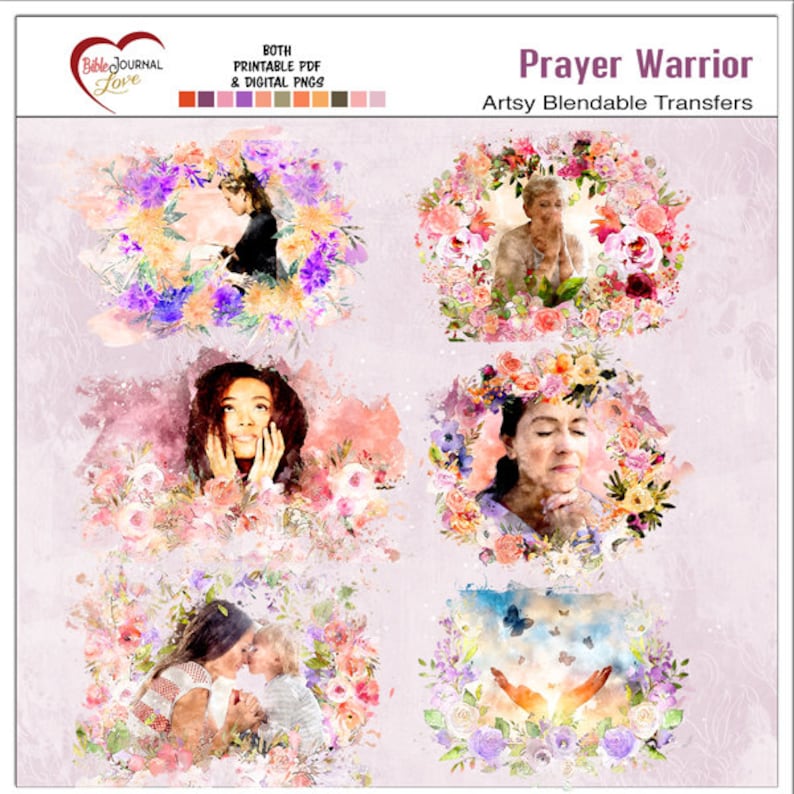 May include: Set of five digital printable images featuring watercolour illustrations of women praying with floral wreaths. The images are titled "Prayer Warrior" and "Artsy Blendable Transfers".
