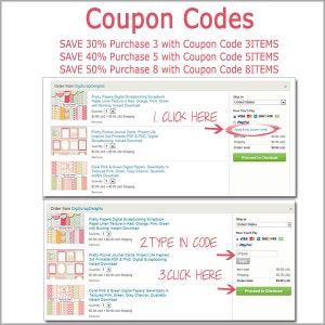 May include: A screenshot of a website with a coupon code offer for digital scrapbooking papers. The website shows three different paper packs with a discount for purchasing multiple packs. The text on the screen reads "Save 30% Purchase 3 with Coupon Code 3ITEMS", "Save 40% Purchase 5 with Coupon Code 5ITEMS", and "Save 50% Purchase 8 with Coupon Code 8ITEMS".