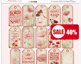 Tags de diário bíblico Red Poppy: itens efémeros das escrituras cristãs (PNGs/PDFs para impressão)