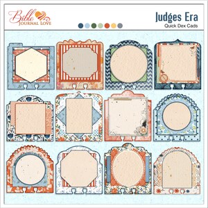 May include: Twelve printable digital cards with different designs featuring a variety of patterns and colors. The cards have a vintage aesthetic and are labeled "Judges Era Quick Dex Cards".