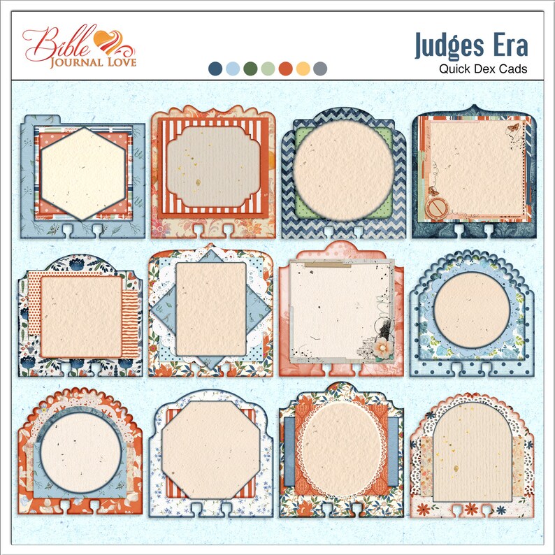 May include: Twelve printable digital cards with different designs featuring a variety of patterns and colors. The cards have a vintage aesthetic and are labeled "Judges Era Quick Dex Cards".