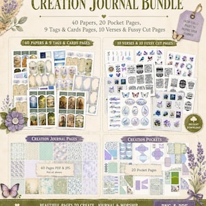 May include: A Creation Journal Bundle digital kit featuring 40 papers, 20 pocket pages, 9 tags and cards pages, and 10 verses and fussy cut pages. The collection includes floral, landscape, and religious imagery in purple and green tones.