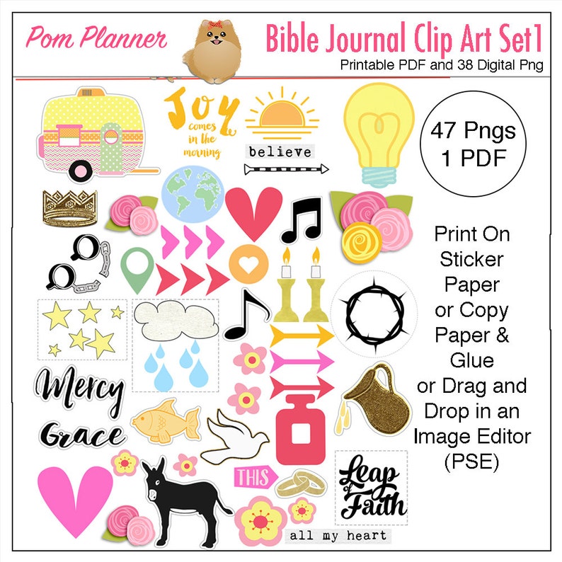 May include: A digital clip art set titled Pom Planner Bible Journal Clip Art Set 1, featuring 47 PNG files and 1 PDF. The collection includes colorful illustrations of a camper, hearts, flowers, stars, a globe, a dove, a donkey, and text phrases.