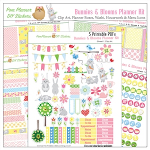 Planner Kit! Bunnies Stickers Kit Rabbits Spring Passover Easter Pink Yellow Pink and Blue Over 300 Stickers EC & Happy Planner