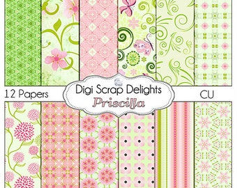 Pink and Green Digital Scrapbook Paper Priscilla for Scrapbooking, Card Making, Photo Backgrounds