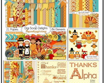 Thanksgiving Bundle Save Scrapbook Kit w Turkey, Pilgrim, Pumpkin, Owls, Word Art, Alpha, Borders , Fall Cards, Crafts