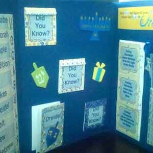 K&ouml;nnte beinhalten: Ein blaues und gelbes Hanukkah-Bulletin Board mit den Worten "The Hanukkah Story" und "Dreidel" darauf. Es gibt auch mehrere "Did You Know?"-Karten mit Fakten &uuml;ber Hanukkah.