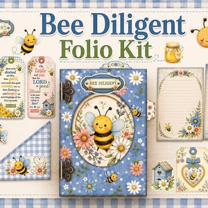 May include: A Bee Diligent Folio Kit featuring a central blue journal with a bee and flower illustration, surrounded by various paper ephemera including tags, cards, and stickers with bee, honey, cake, and floral motifs in blue and yellow.