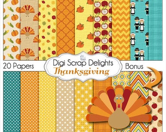 Thanksgiving Digital Papers w Turkey, Pilgrim, Pumpkin, for Digital Scrapbooking, Fall Cards, Crafts, Orange, Yellow, Teal Instant Download