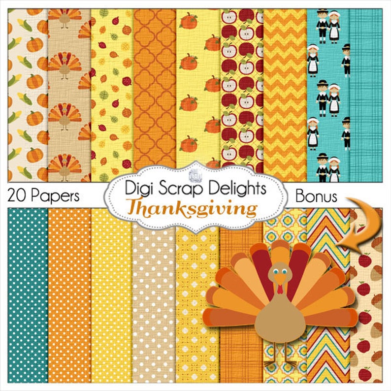 Thanksgiving Digital Papers w Turkey, Pilgrim, Pumpkin, for Digital Scrapbooking, Fall Cards, Crafts, Orange, Yellow, Teal Instant Download image 1