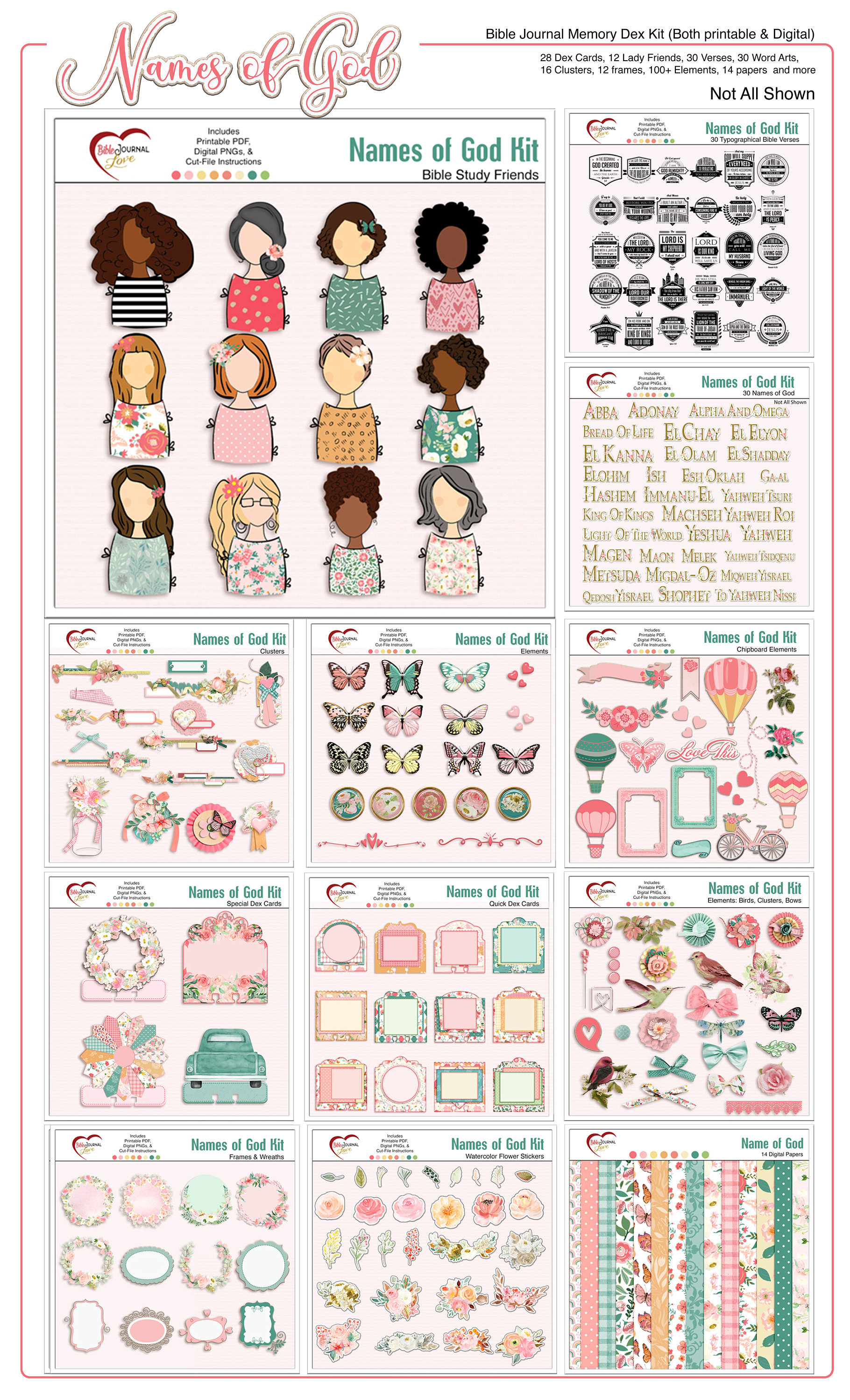 Names of God Bible Journal Dex Card Bundle Kit, Includes  30 Bible Verses  Both Digital & Printable