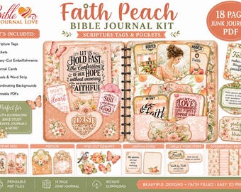 Faith Peach Bible Journal Kit | Scripture Tags & Pockets, 18 page Junk Journal PDF