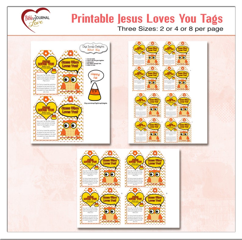 3 Sizes Printable Halloween Scripture Treat Tags. Candy Corn, Owls in Yellow, Orange, Black for Party Favors, Jesus Loves You image 3