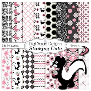 Pink & Black Skunk Digital Papers: Scrapbooking, Cards (Digital Download)