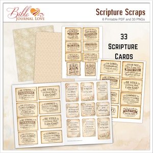 May include: A collection of 33 scripture cards with various inspirational quotes and Bible verses. The cards are in a vintage style with floral accents and text that reads "Scripture Scraps". Also included are two patterned paper sheets.