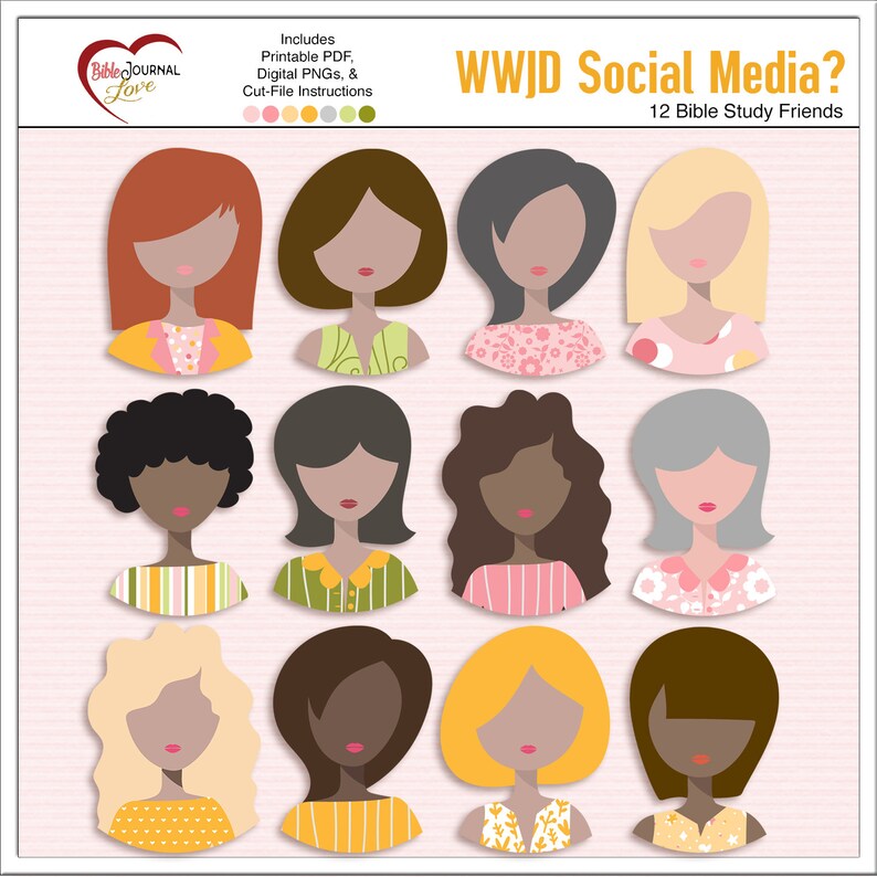 May include: A digital collection of 12 stylized illustrations featuring diverse head-and-shoulder portraits of individuals with varied hair colors, textures, and patterned clothing, labeled WWJD Social Media? 12 Bible Study Friends.
