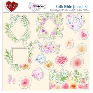 May include: A set of digital and printable floral illustrations for journaling. The set includes a heart, a diamond, a square, and several individual flowers and leaves. The illustrations are in watercolor style and feature pink, yellow, and green colors.